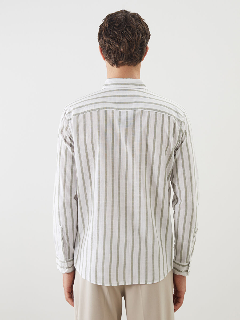 Yeşil Slim Fit Uzun Kollu Çizgili Poplin Erkek Gömlek-3