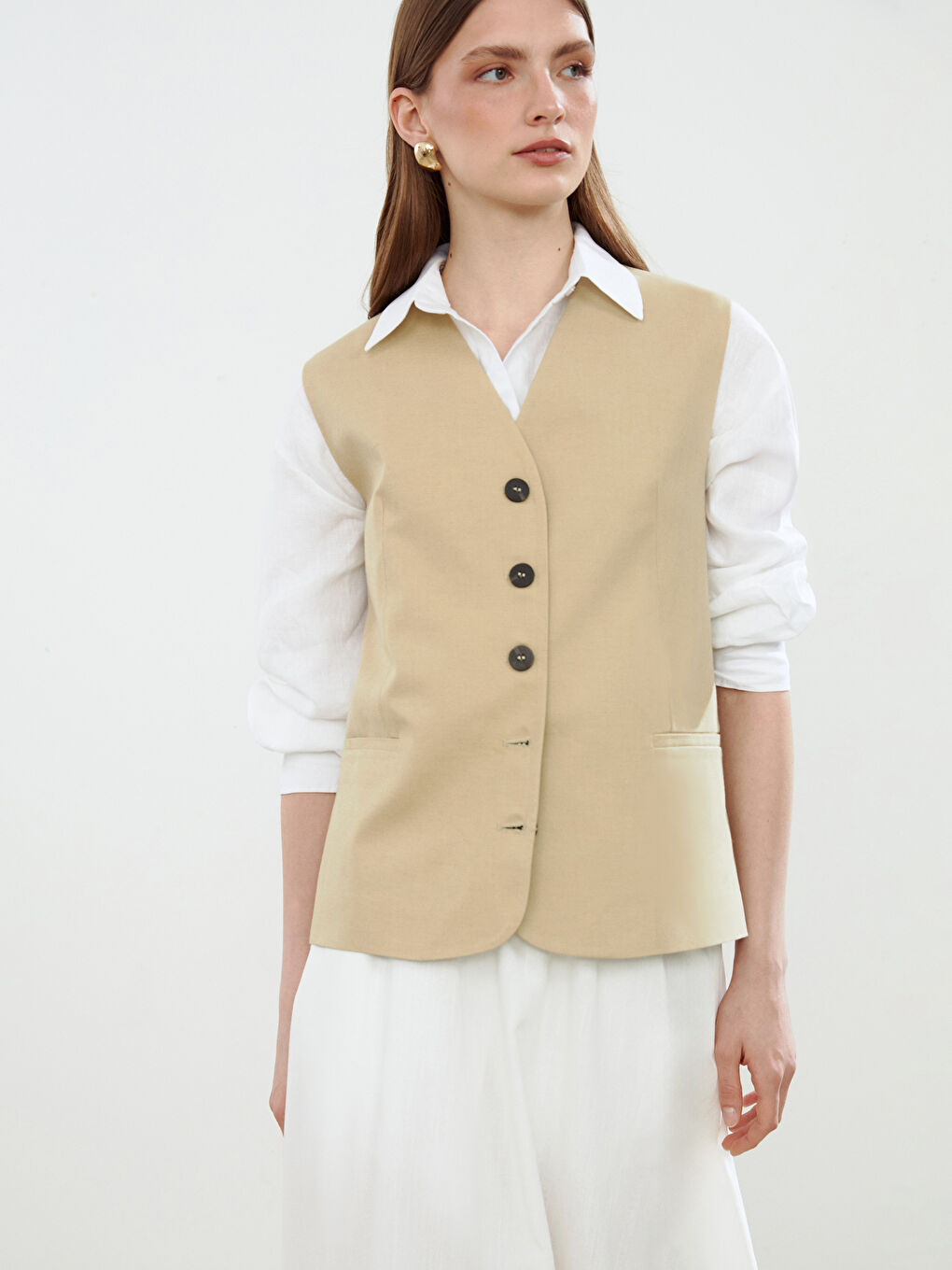 V-Neck Linen Blend Women’S Classic Vest -S5FE01Z8-D1N