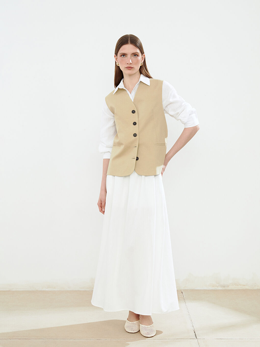 V-Neck Linen Blend Women’S Classic Vest -S5FE01Z8-D1N