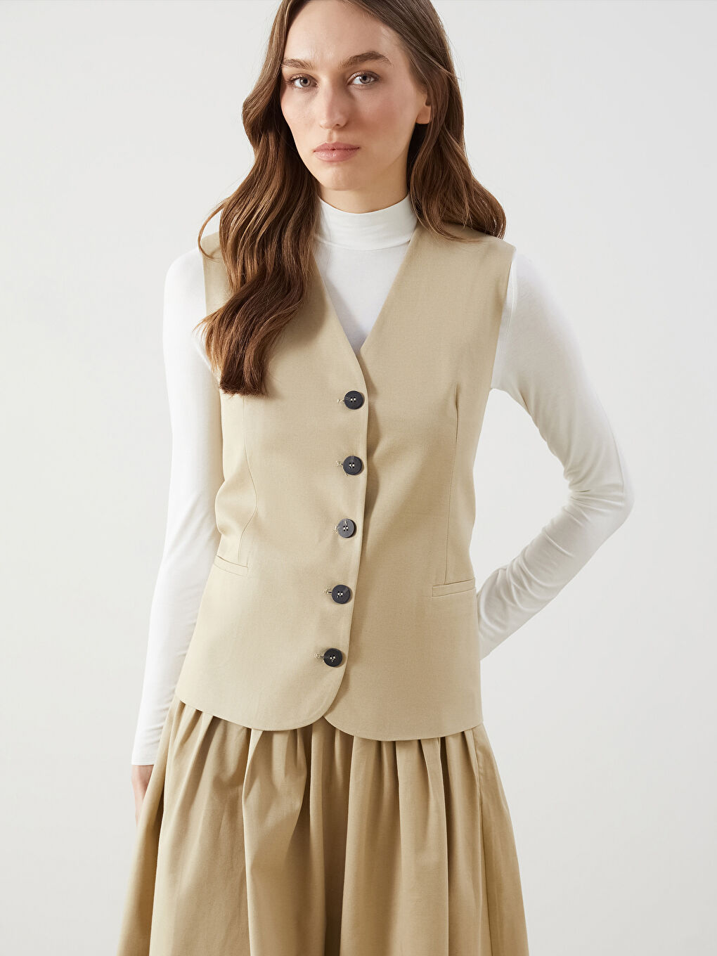V-Neck Linen Blend Women’S Classic Vest -S5FE01Z8-D1N
