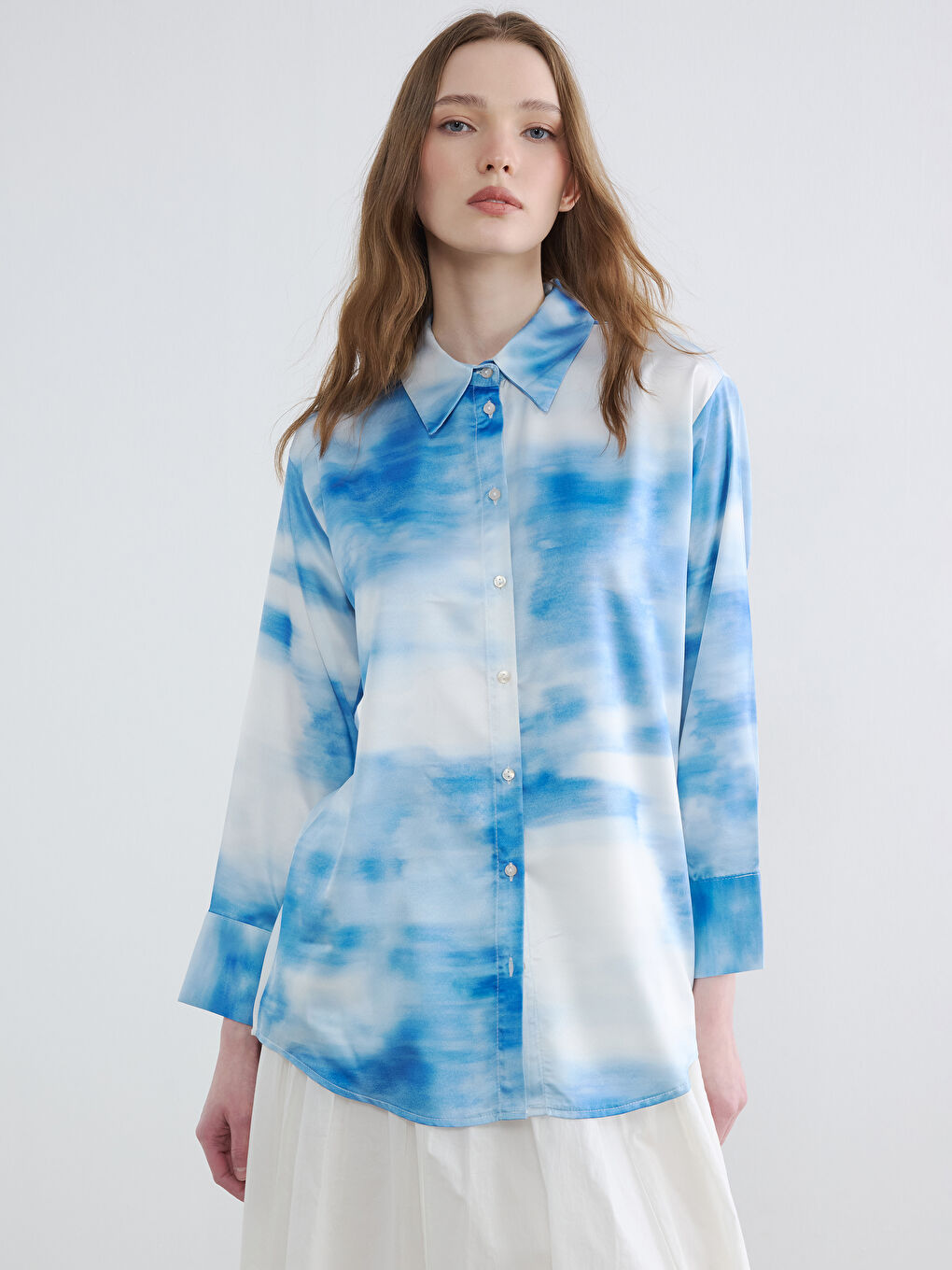 Mavi Batik Saten Kadın Gömlek Tunik