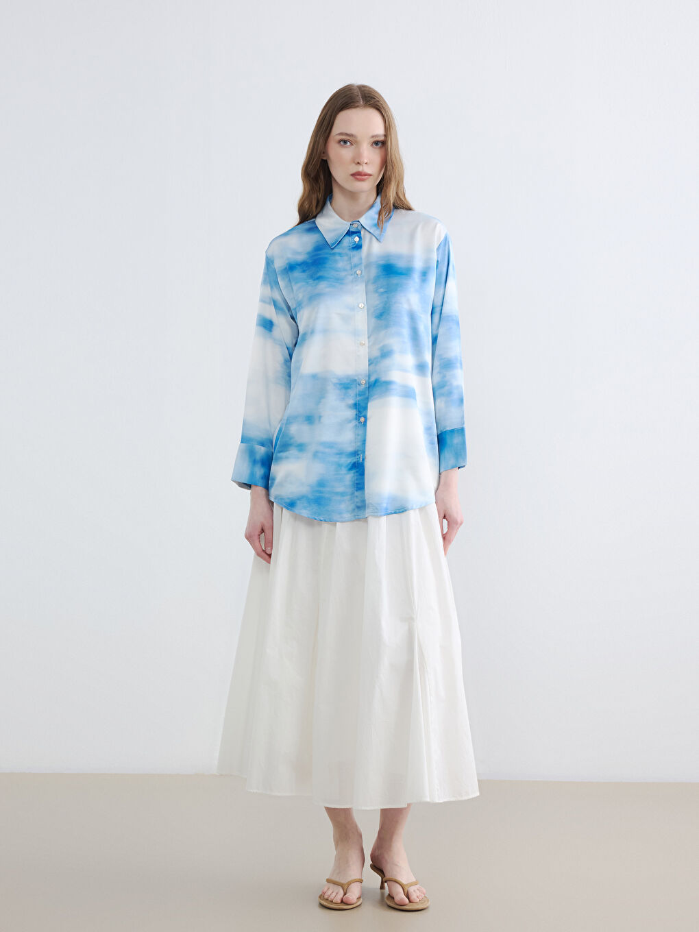 Mavi Batik Saten Kadın Gömlek Tunik-1