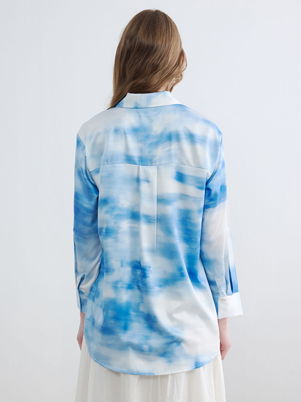 Mavi Batik Saten Kadın Gömlek Tunik-3