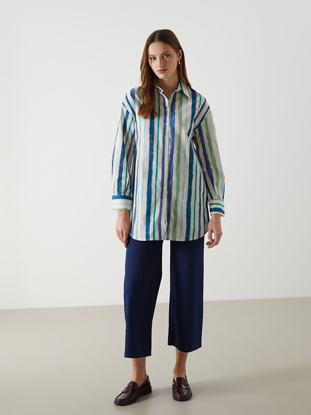 Lacivert Desenli Oversize Kadın Gömlek Tunik-1