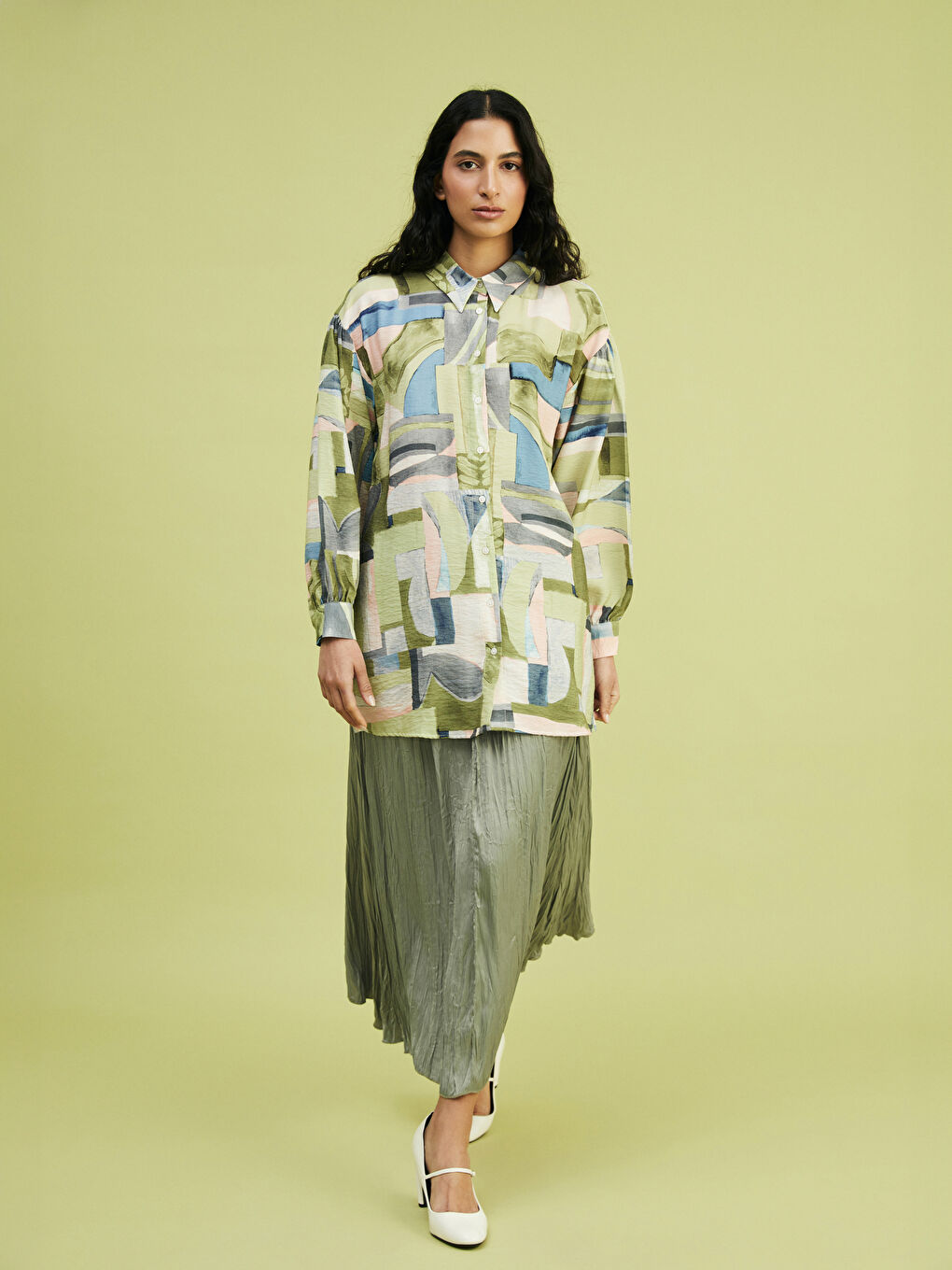 Yeşil Desenli Oversize Kadın Gömlek Tunik-1