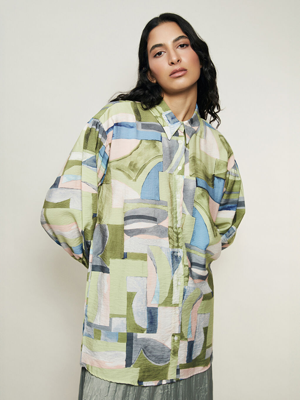 Yeşil Desenli Oversize Kadın Gömlek Tunik-3