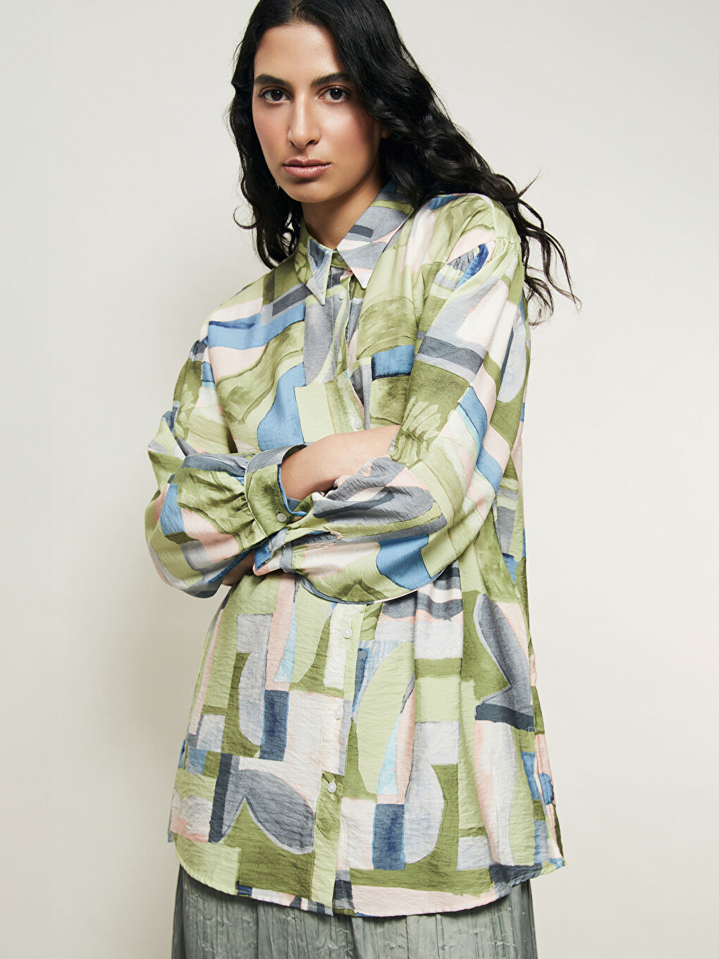 Yeşil Desenli Oversize Kadın Gömlek Tunik-4