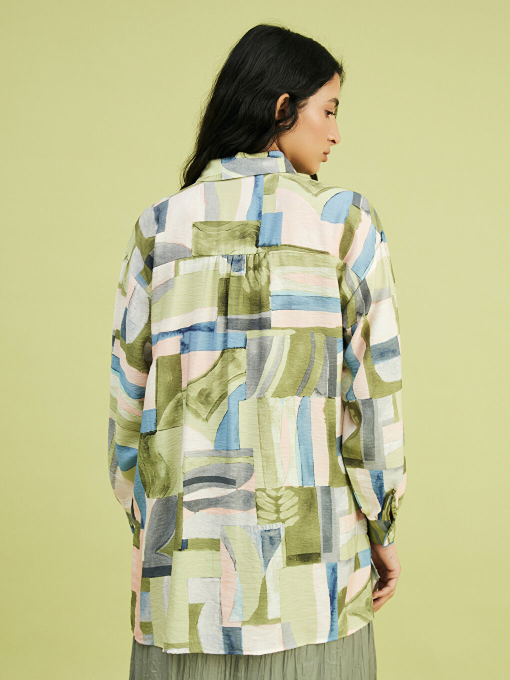 Yeşil Desenli Oversize Kadın Gömlek Tunik-5