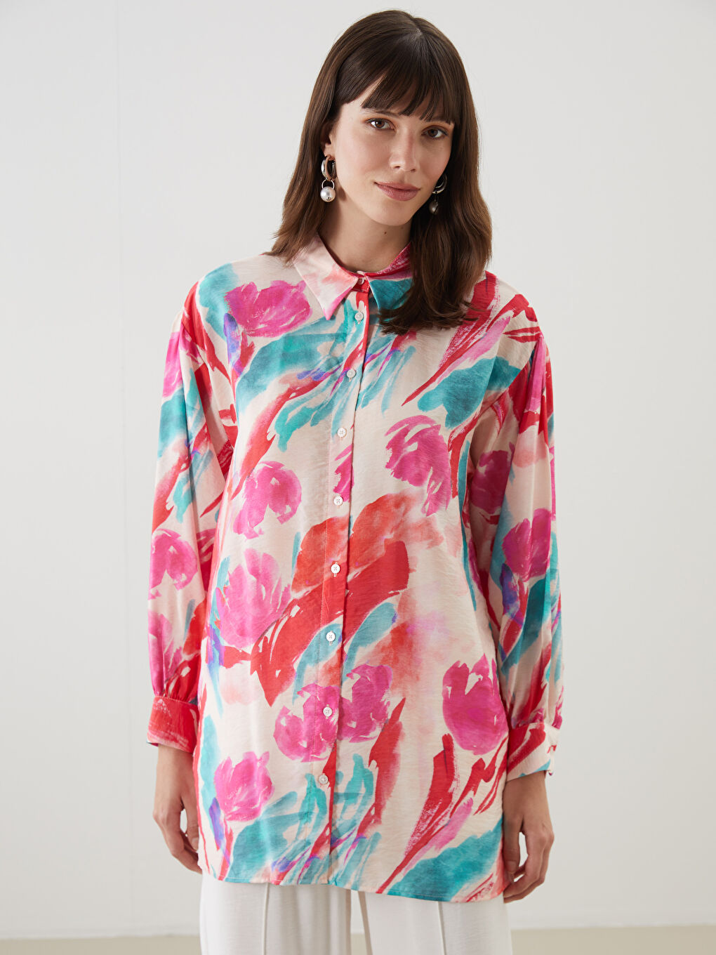 LCW Modest Pembe Desenli Oversize Kadın Gömlek Tunik