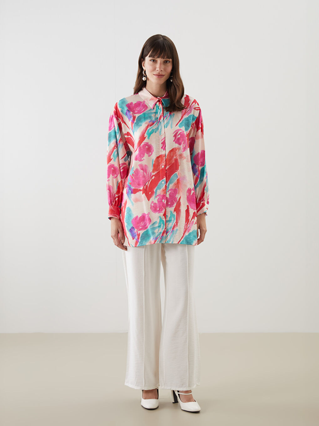LCW Modest Pembe Desenli Oversize Kadın Gömlek Tunik - 1