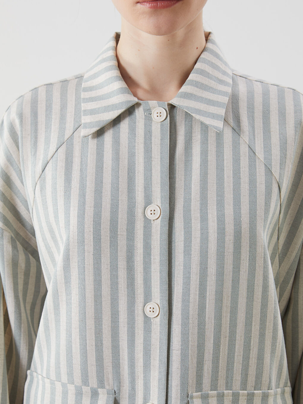 Yeşil Çizgili Oversize Keten Karışımlı Kadın Gömlek Ceket-2