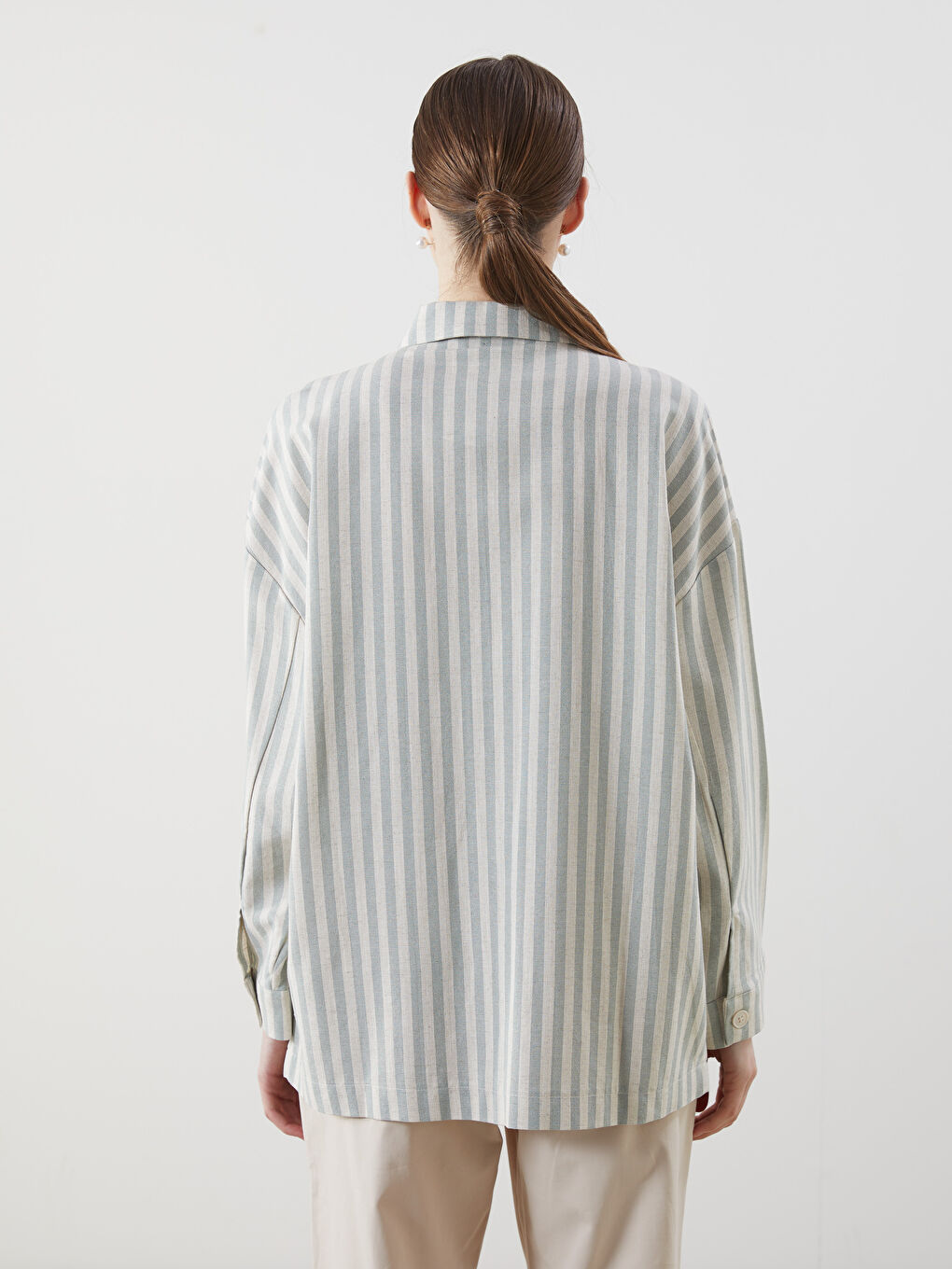 Yeşil Çizgili Oversize Keten Karışımlı Kadın Gömlek Ceket-3