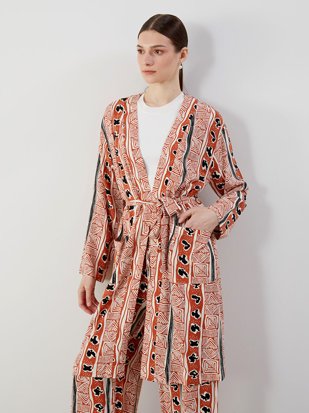 Shawl Collar Patterned Oversize Women's Kimono -S5FE34Z8-LSR