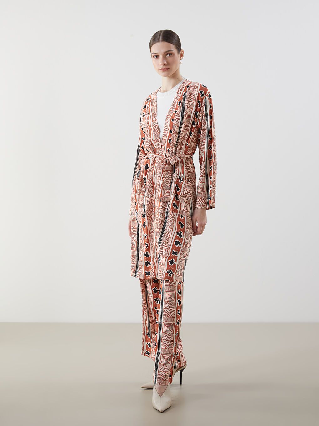 Shawl Collar Patterned Oversize Women's Kimono -S5FE34Z8-LSR