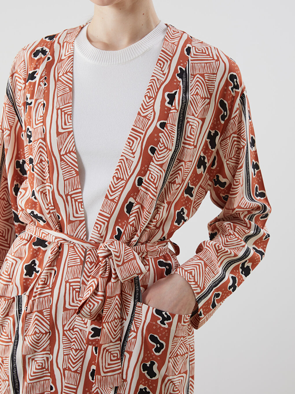 Shawl Collar Patterned Oversize Women's Kimono -S5FE34Z8-LSR