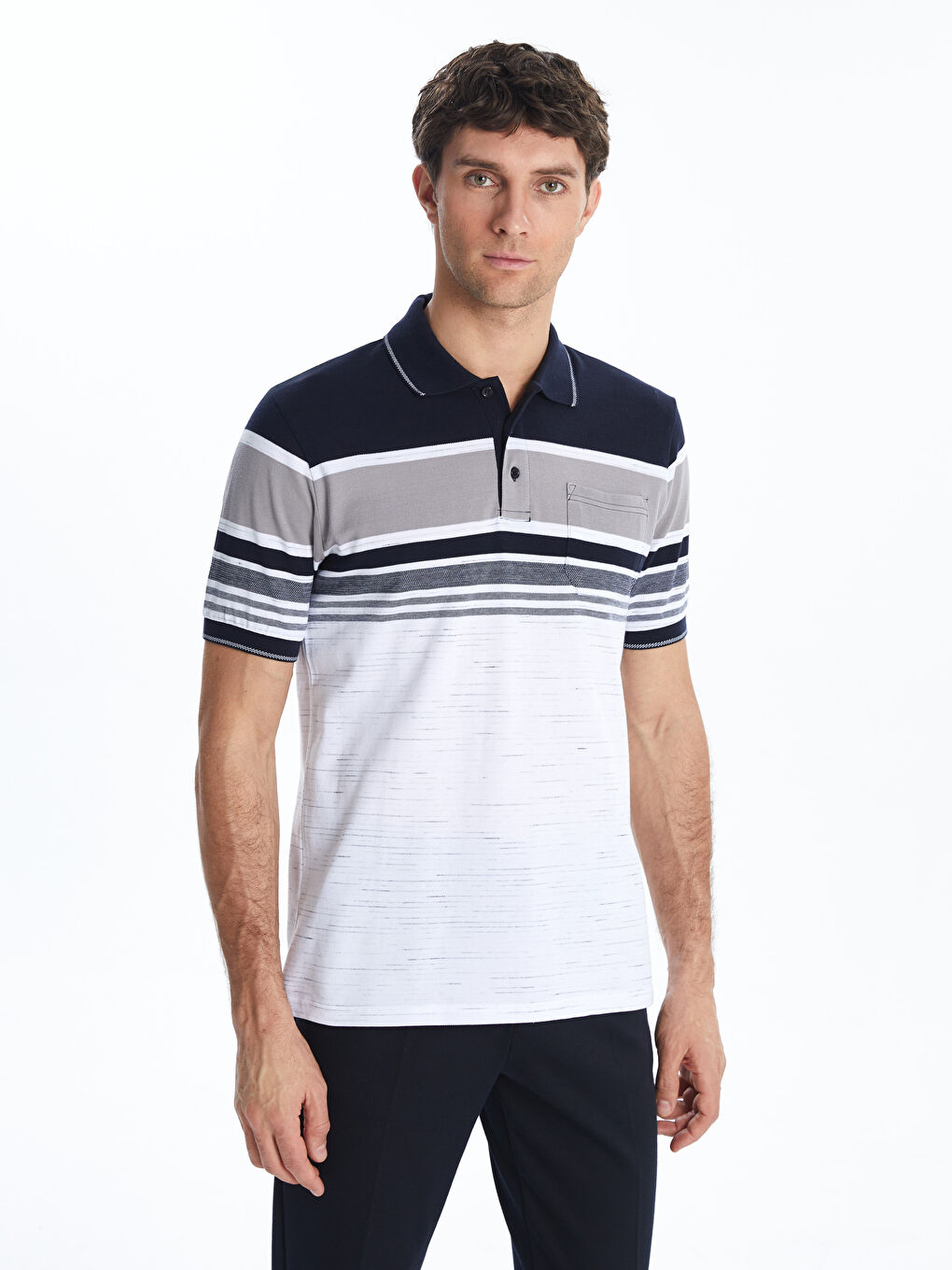 LCWAIKIKI Classic Lacivert Polo Yaka Çizgili Pike Erkek Tişört