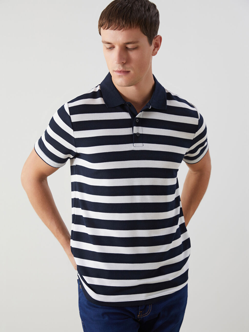 Polo Neck Short Sleeve Striped Men's T-Shirt -S5FF58Z8-LGS