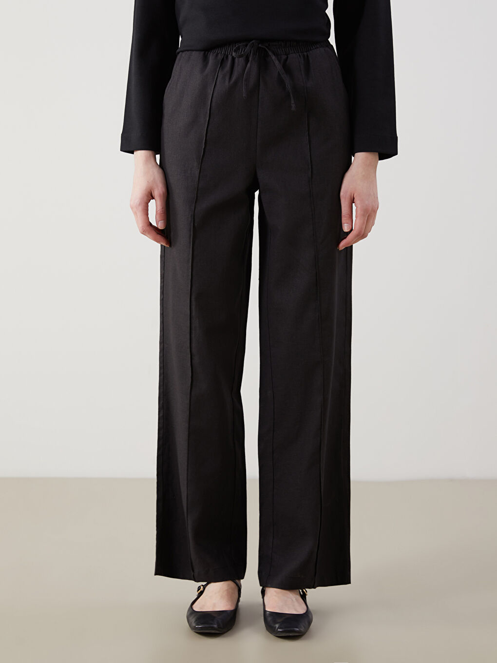 Pantalon Plissé en Mélange de Lin à Taille Élastiquée pour Femmes-1