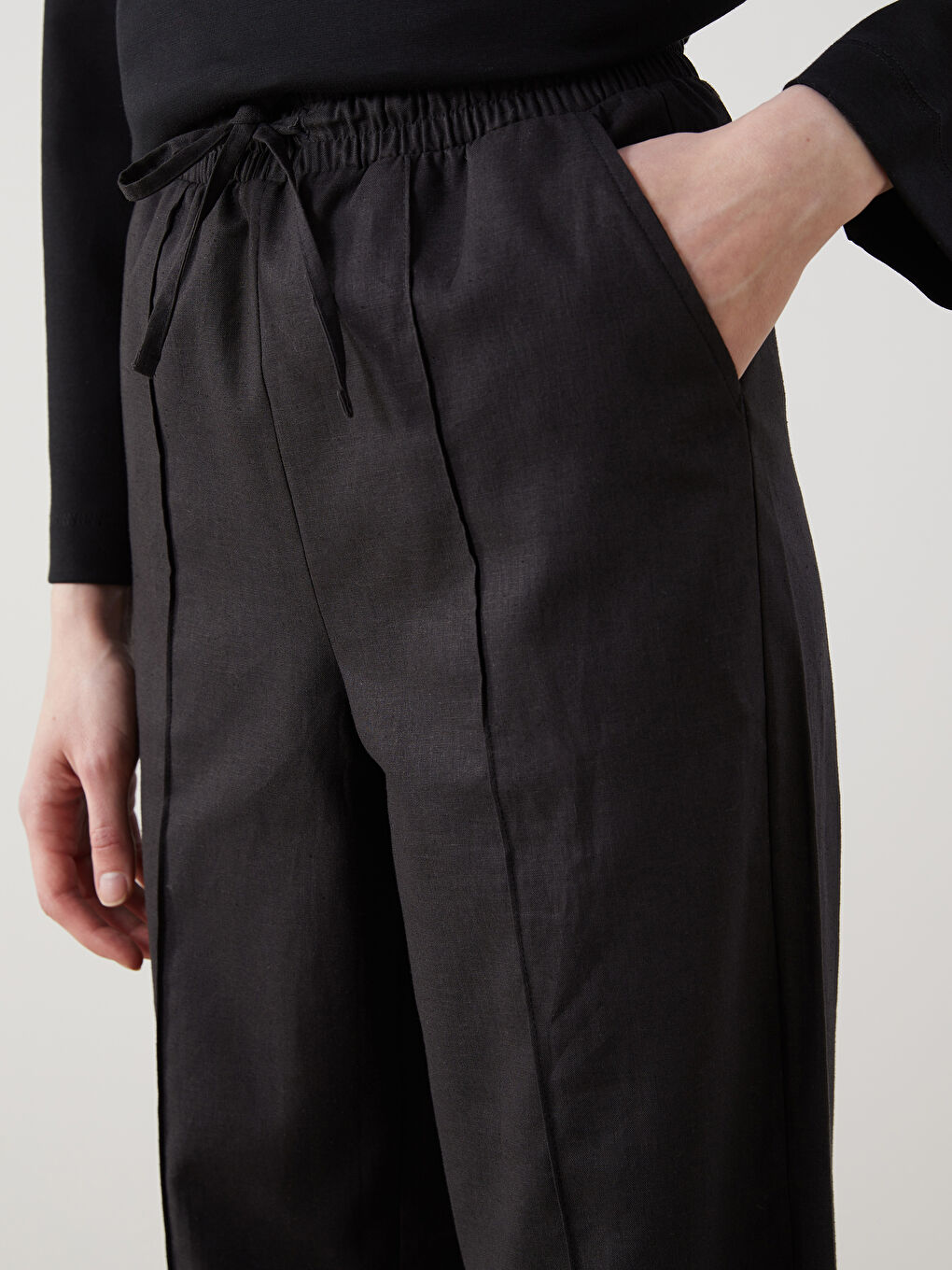 Pantalon Plissé en Mélange de Lin à Taille Élastiquée pour Femmes-2