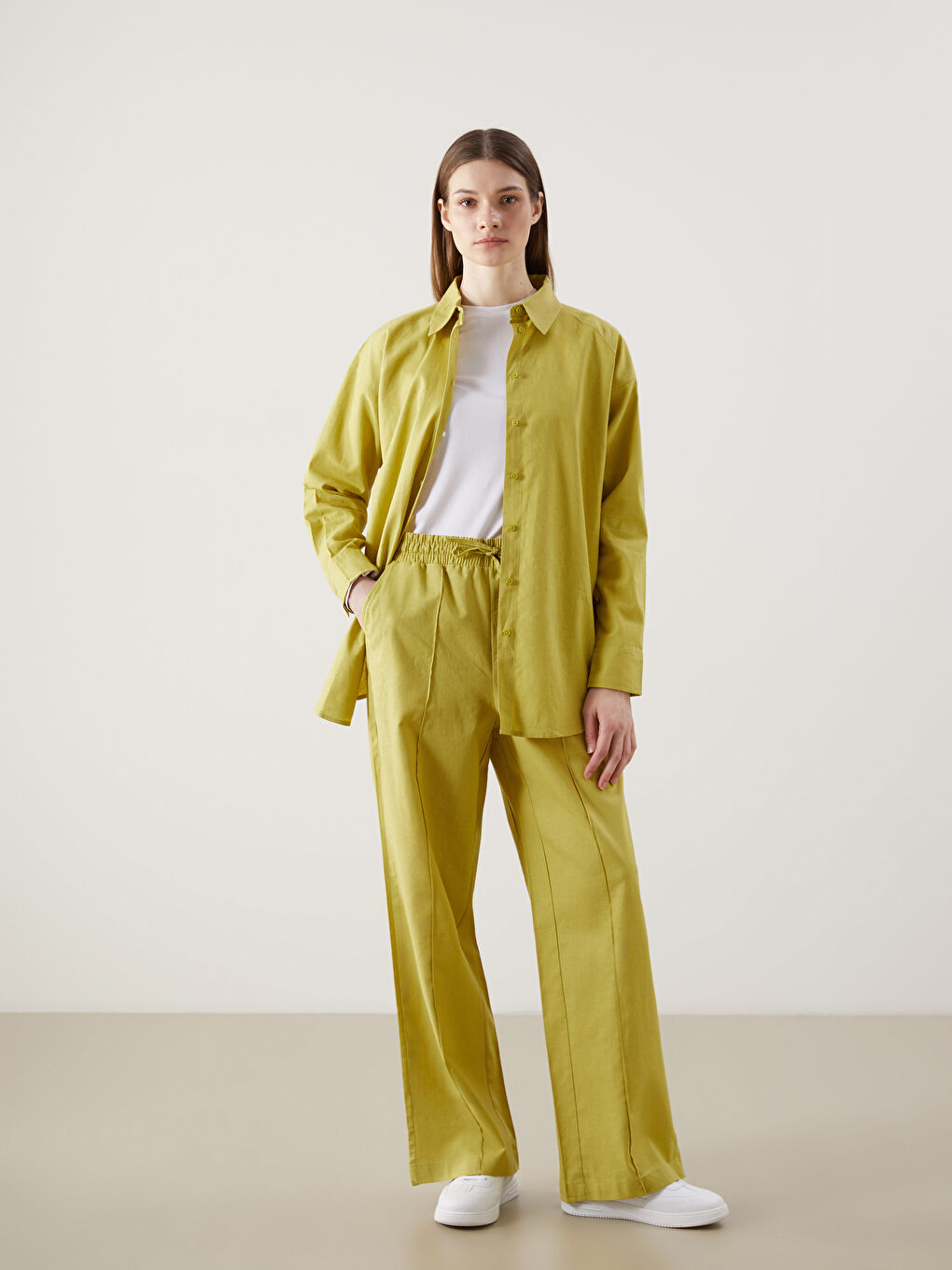 Elasticated Waist Linen Blend Pleated Women's Trousers