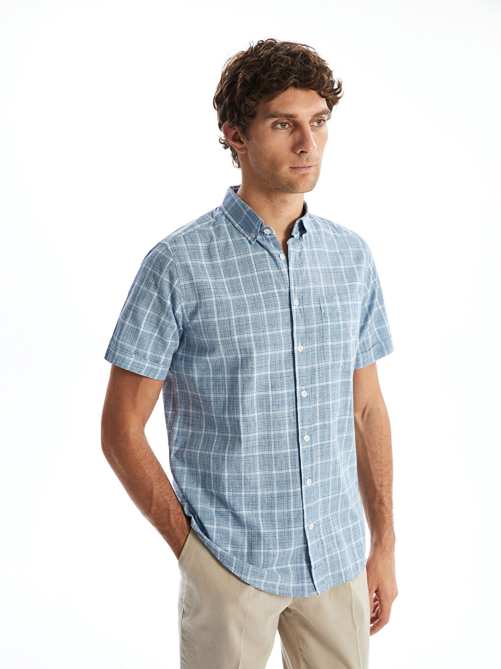 Regular Fit Short Sleeve Plaid Poplin Men's Shirt -S5FF90Z8-LMR