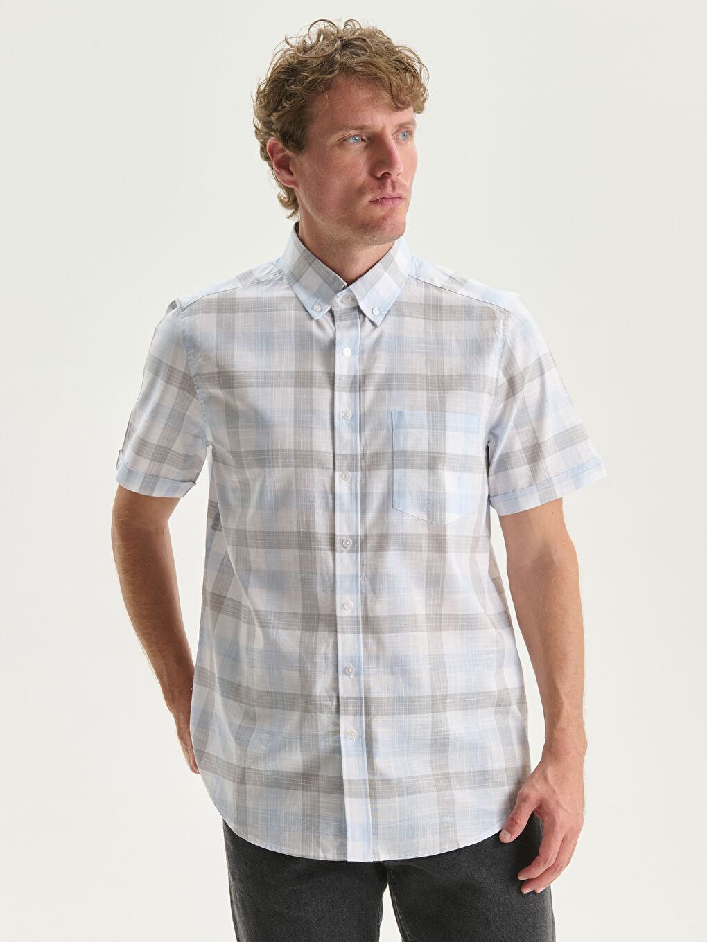 Regular Fit Short Sleeve Plaid Poplin Men's Shirt