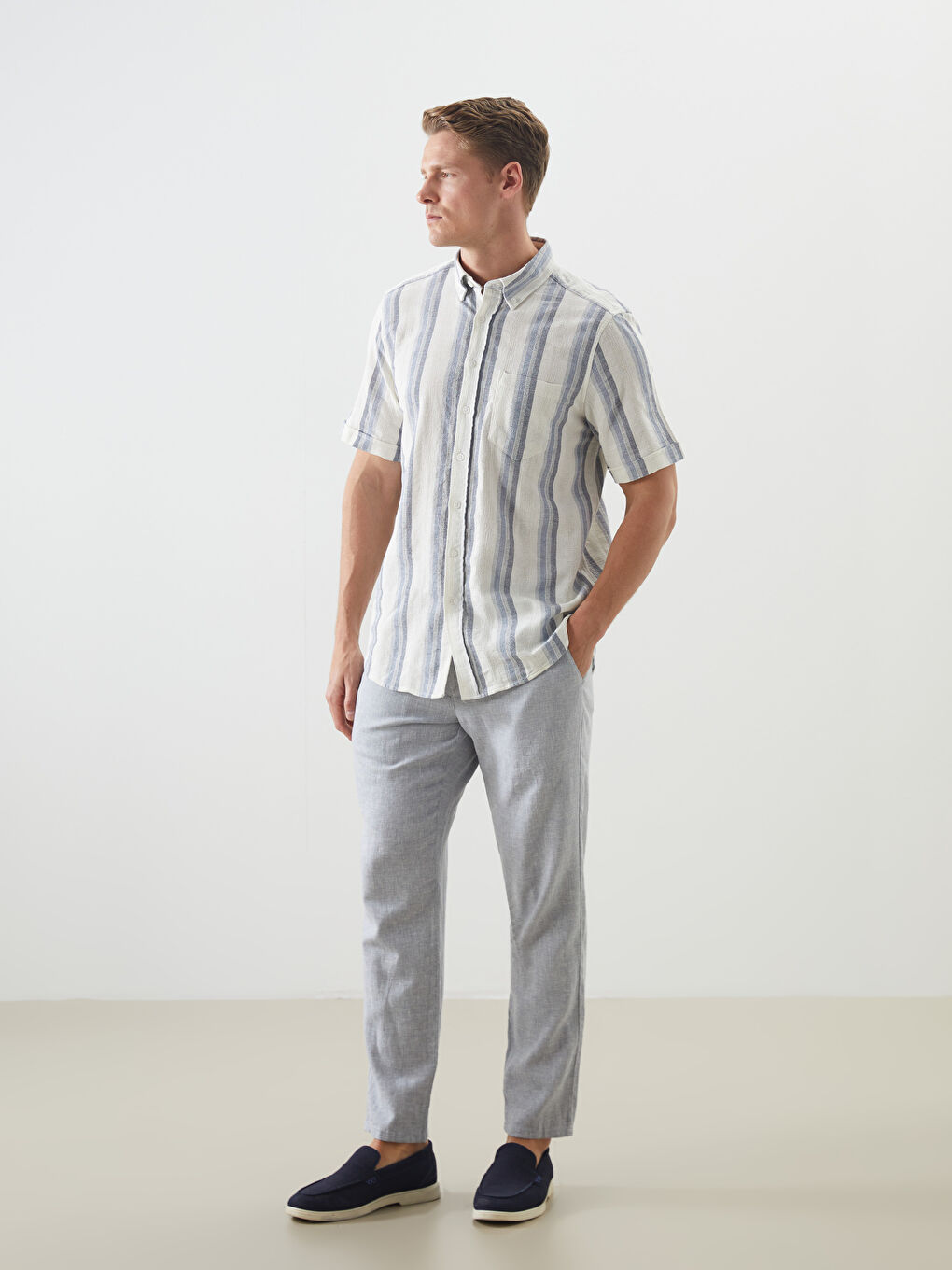 Mavi Regular Fit Kısa Kollu Çizgili Erkek Gömlek-1