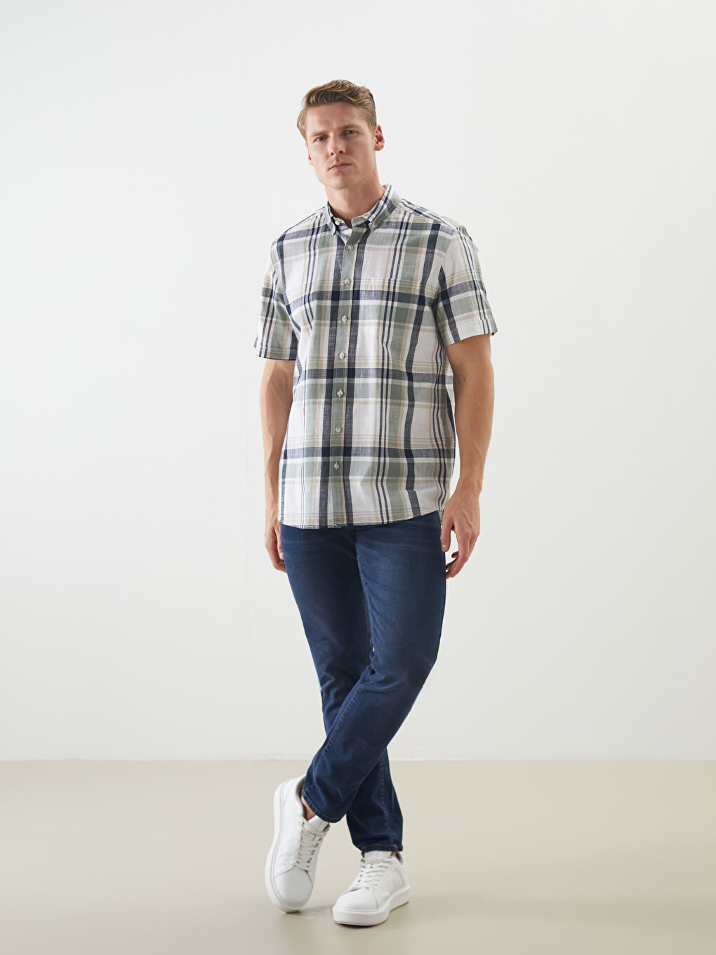 Yeşil Regular Fit Kısa Kollu Ekose Poplin Erkek Gömlek-1