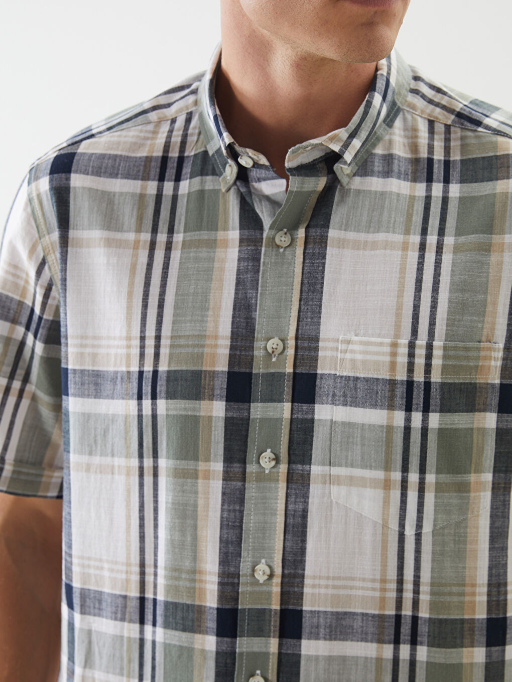 Yeşil Regular Fit Kısa Kollu Ekose Poplin Erkek Gömlek-2