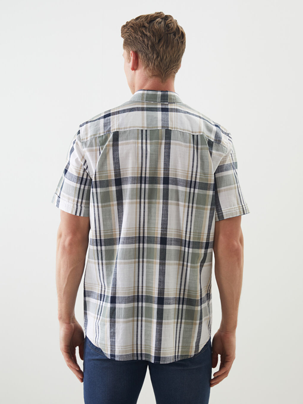 Yeşil Regular Fit Kısa Kollu Ekose Poplin Erkek Gömlek-3