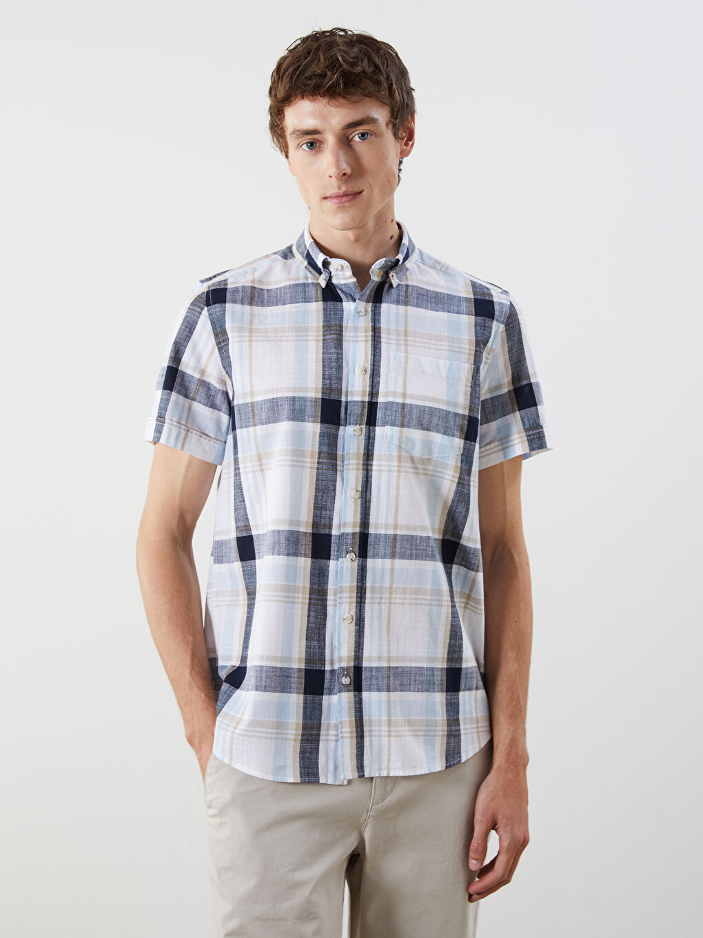 İndigo Regular Fit Kısa Kollu Ekose Poplin Erkek Gömlek