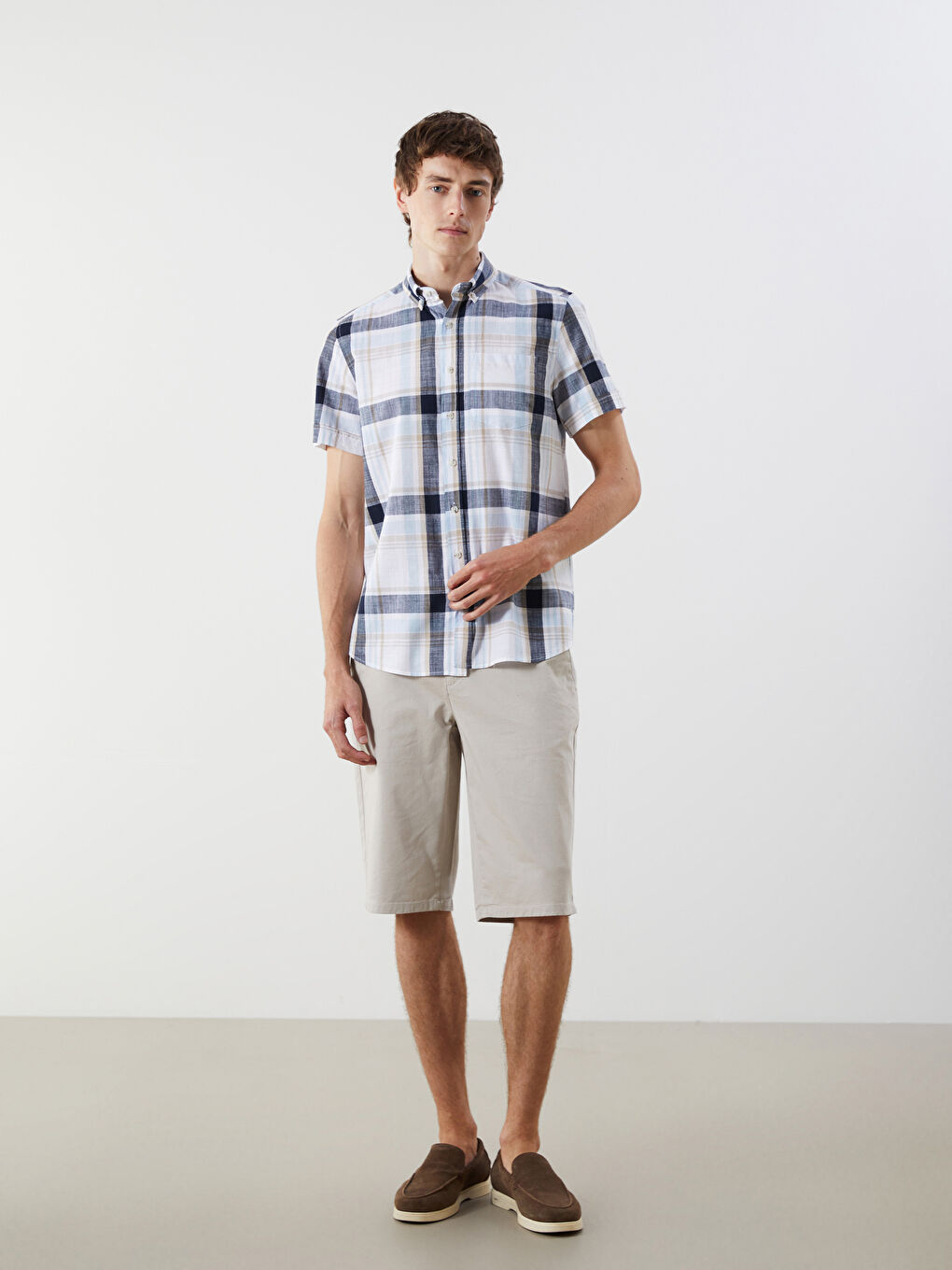 İndigo Regular Fit Kısa Kollu Ekose Poplin Erkek Gömlek-1