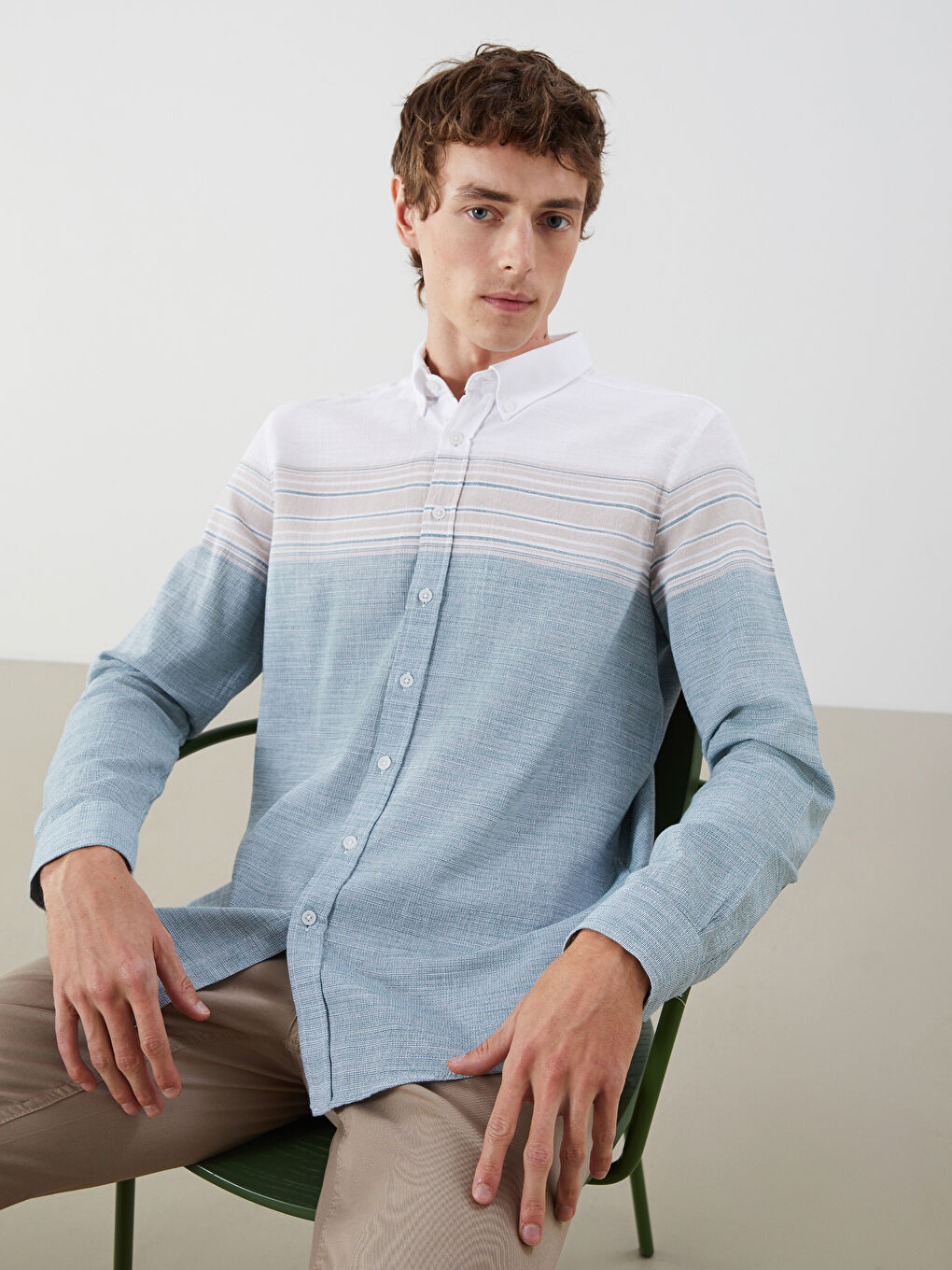 Yeşil Regular Fit Uzun Kollu Armürlü Erkek Gömlek