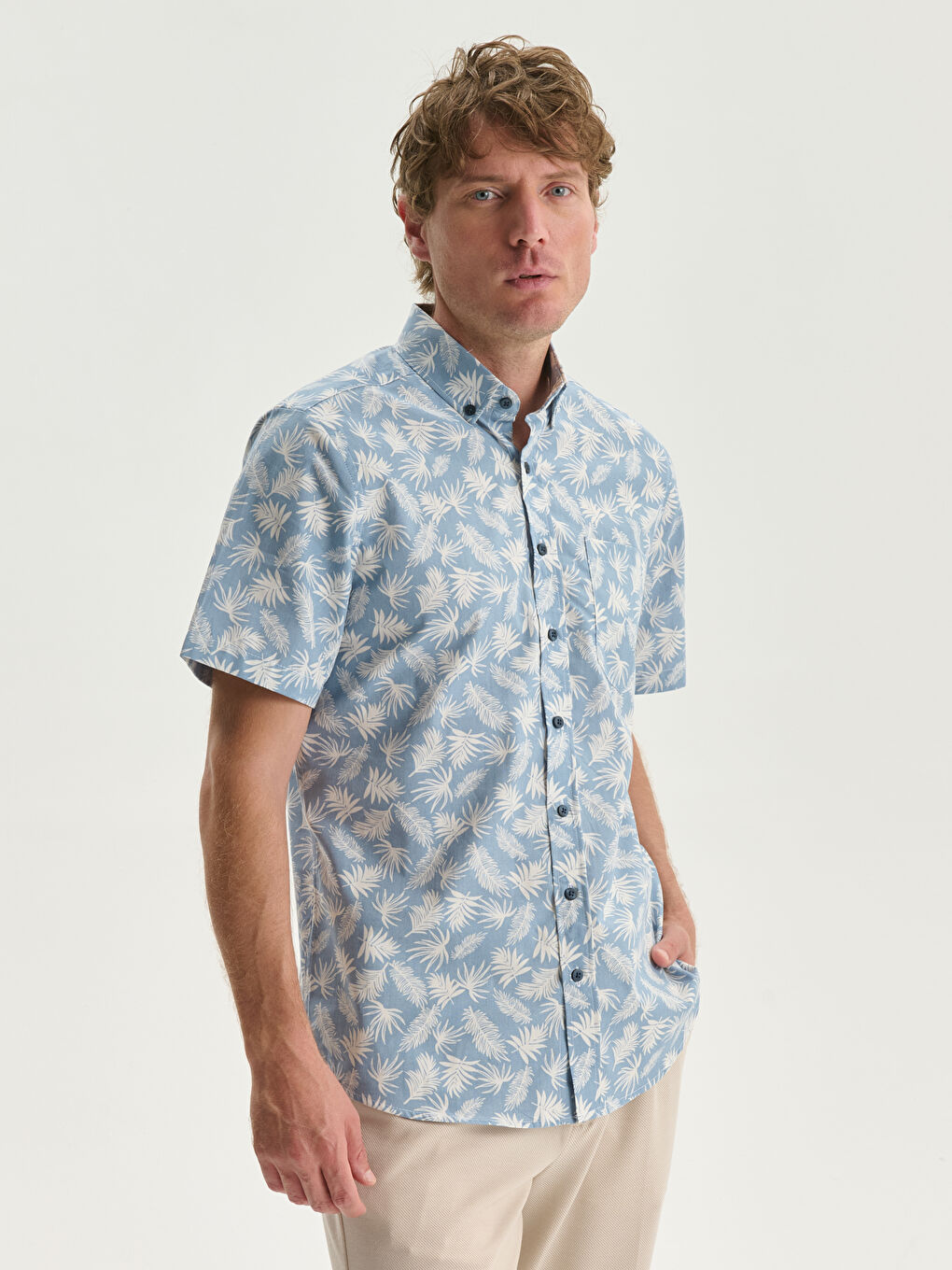 Regular Fit Short Sleeve Patterned Poplin Men's Shirt