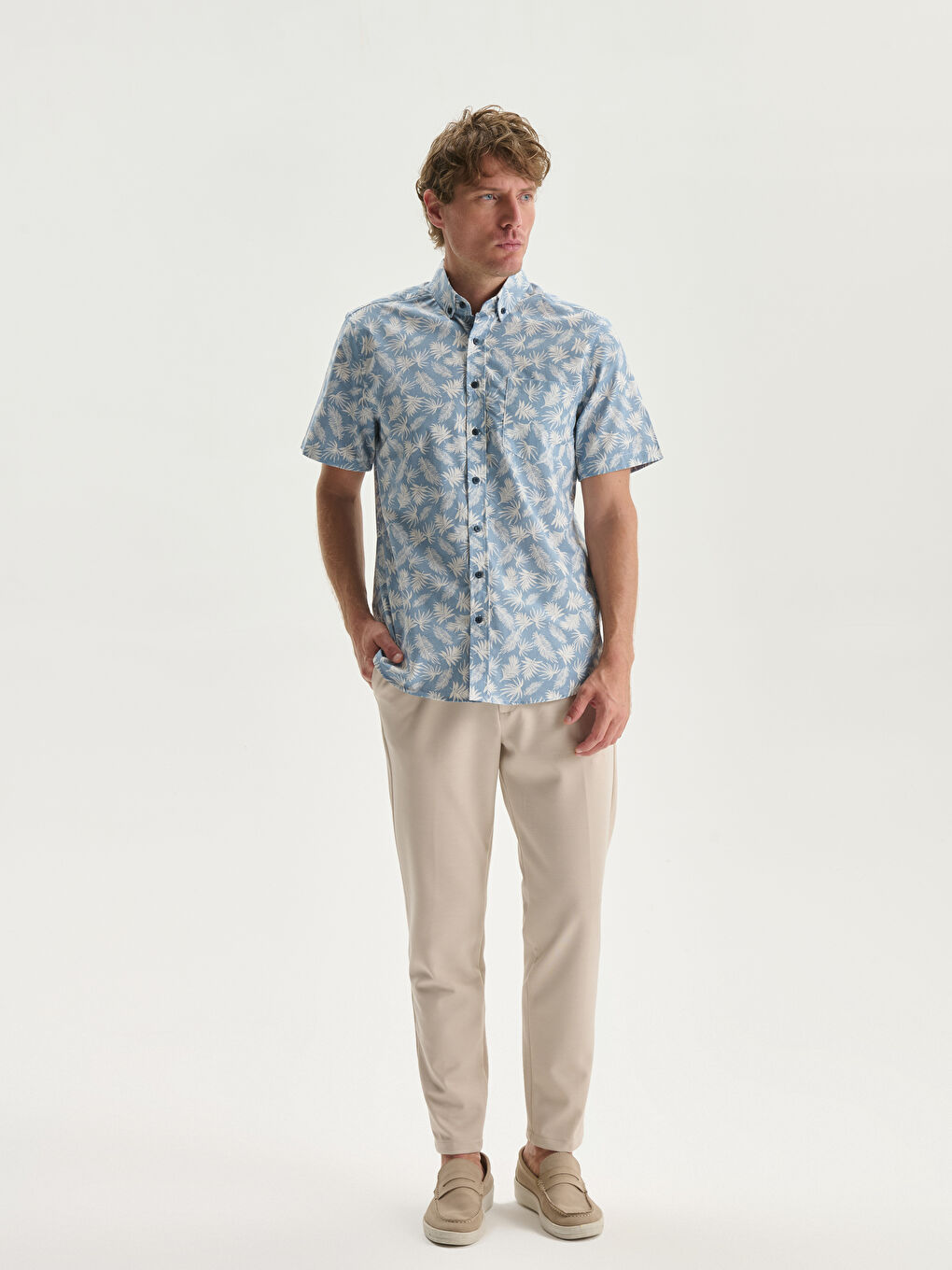 Regular Fit Short Sleeve Patterned Poplin Men's Shirt-1