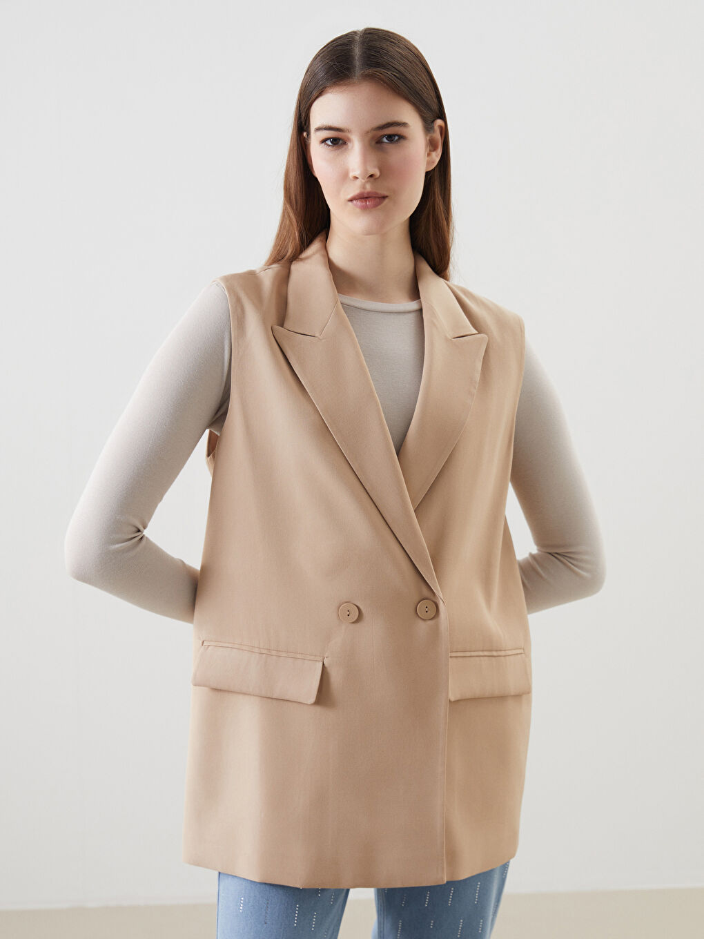Bej Ceket Yaka Kadın Klasik Yelek