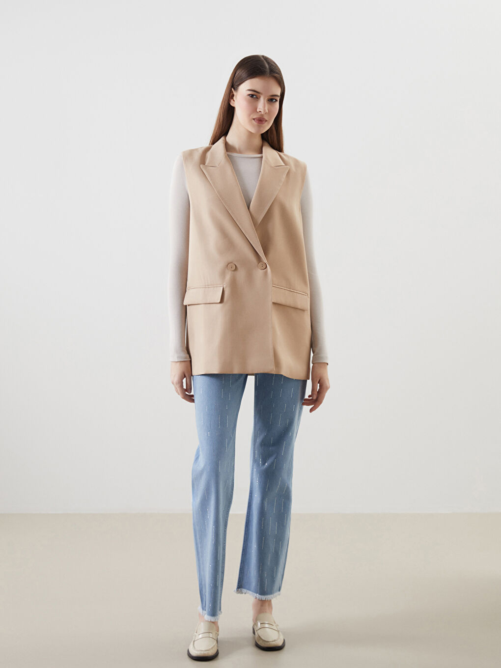 Bej Ceket Yaka Kadın Klasik Yelek-1