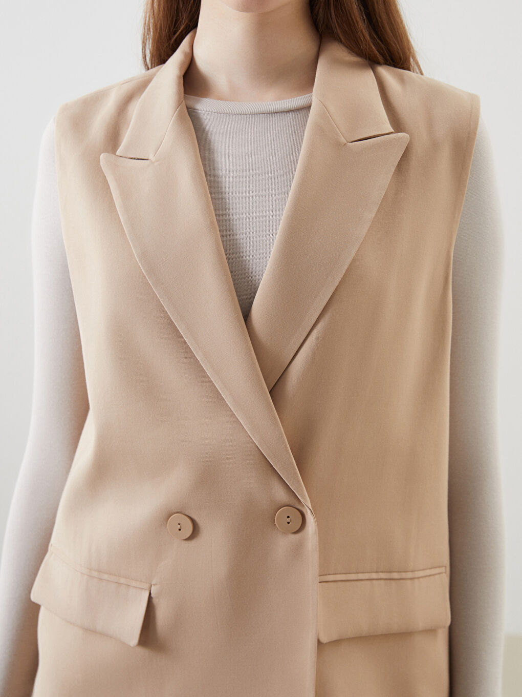 Bej Ceket Yaka Kadın Klasik Yelek-2