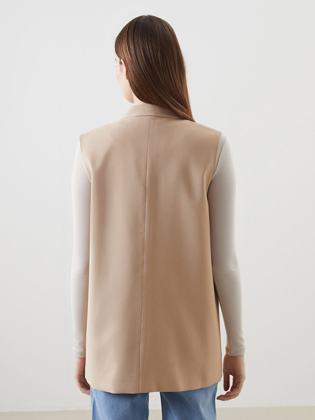 Bej Ceket Yaka Kadın Klasik Yelek-3