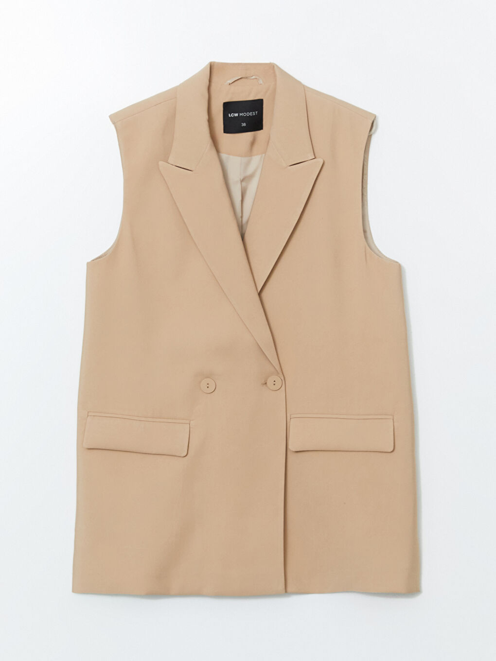 Bej Ceket Yaka Kadın Klasik Yelek-4