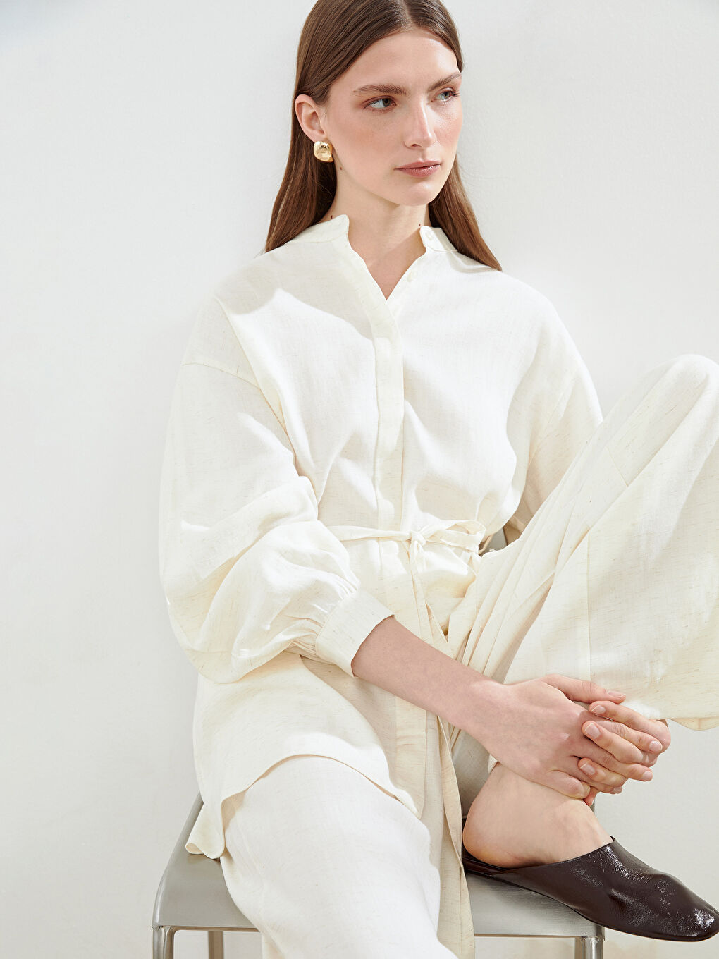 Grandad Collar Linen Blend Women's Shirt Tunic -S5FG79Z8-EEW