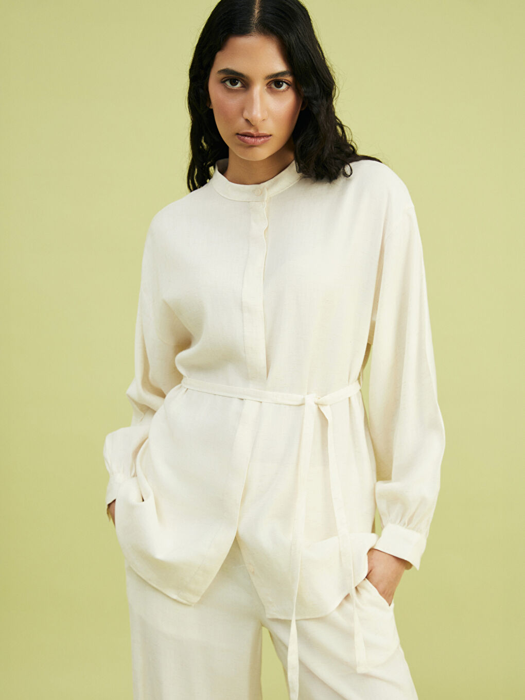Grandad Collar Linen Blend Women's Shirt Tunic -S5FG79Z8-EEW