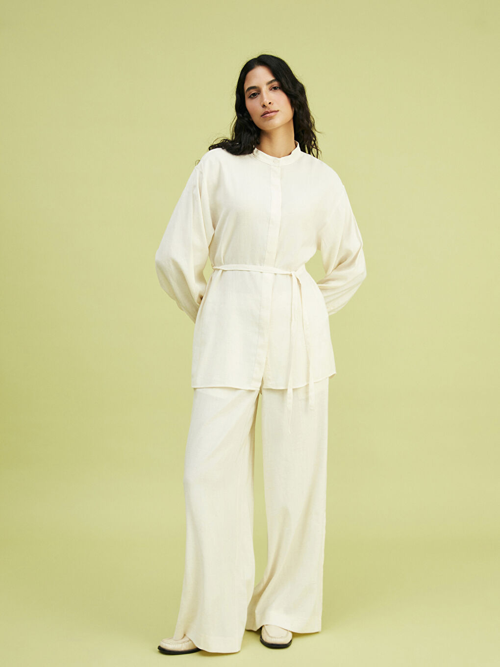 Grandad Collar Linen Blend Women's Shirt Tunic -S5FG79Z8-EEW