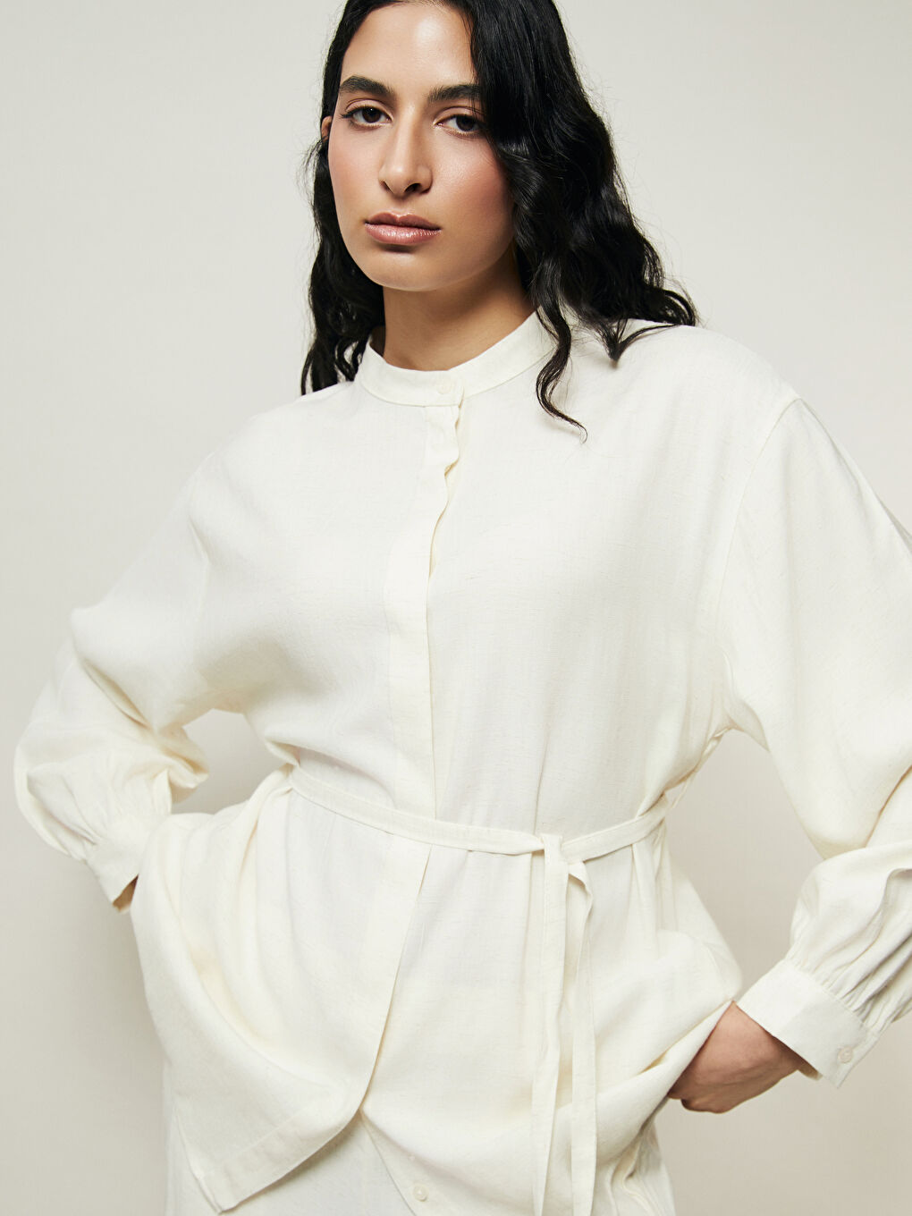 Grandad Collar Linen Blend Women's Shirt Tunic -S5FG79Z8-EEW