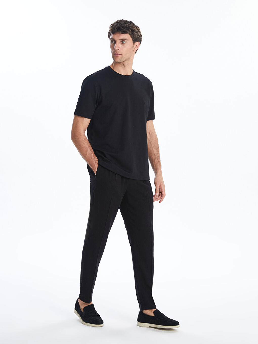 Siyah Standart Kalıp Keten Karışımlı Erkek Chino Pantolon