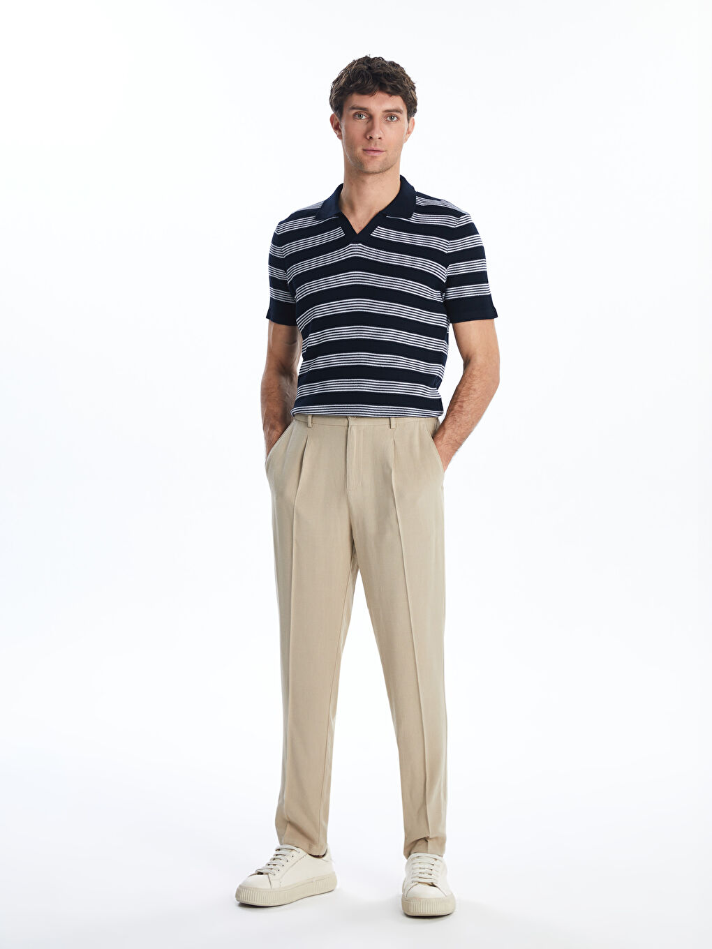 Bej Standart Kalıp Keten Karışımlı Erkek Chino Pantolon-1