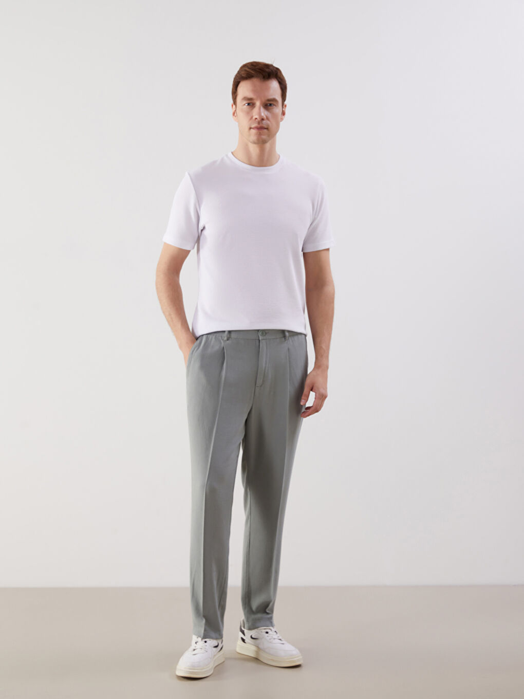 Yeşil Standart Kalıp Keten Karışımlı Erkek Chino Pantolon