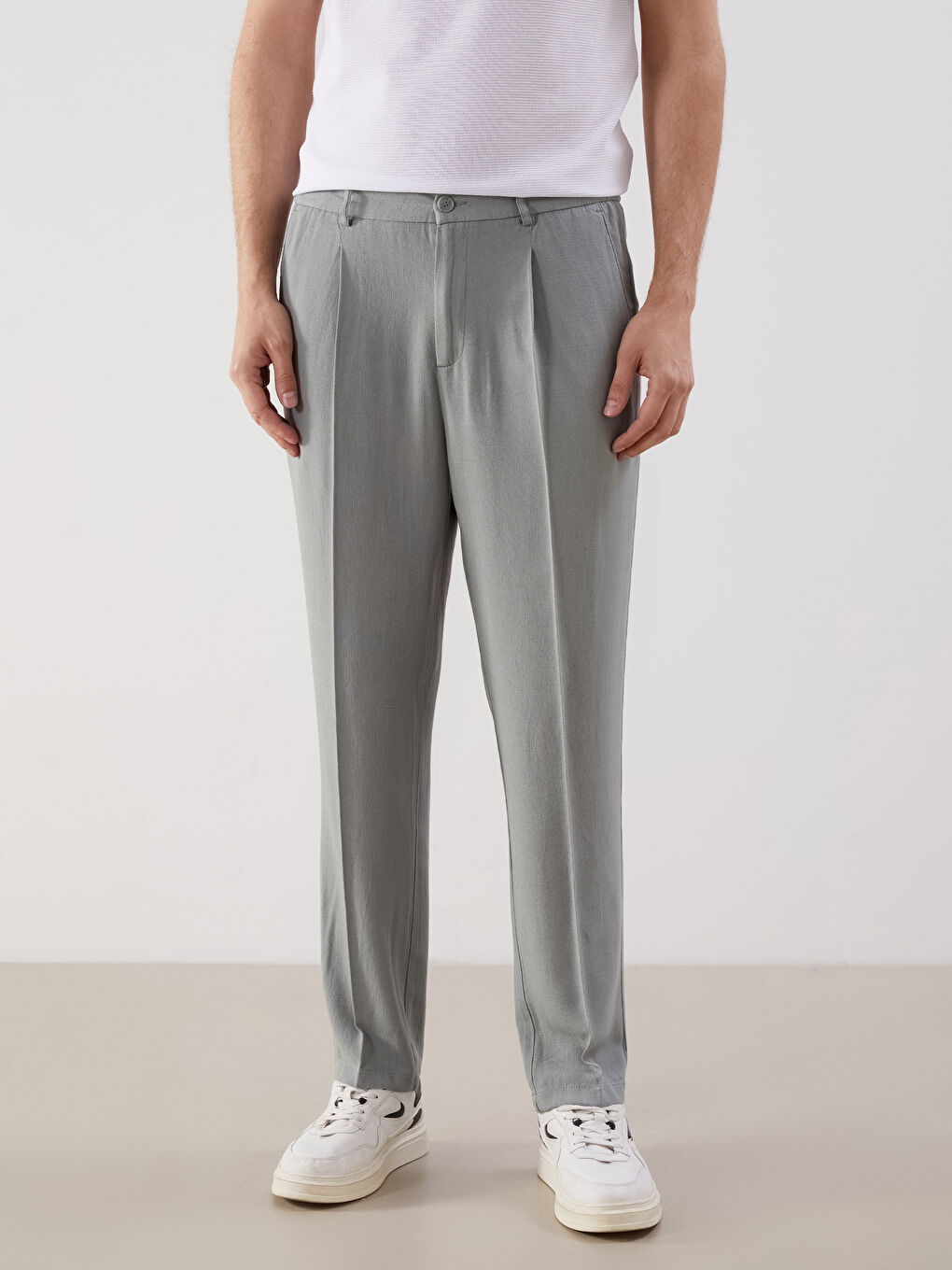 Yeşil Standart Kalıp Keten Karışımlı Erkek Chino Pantolon-1