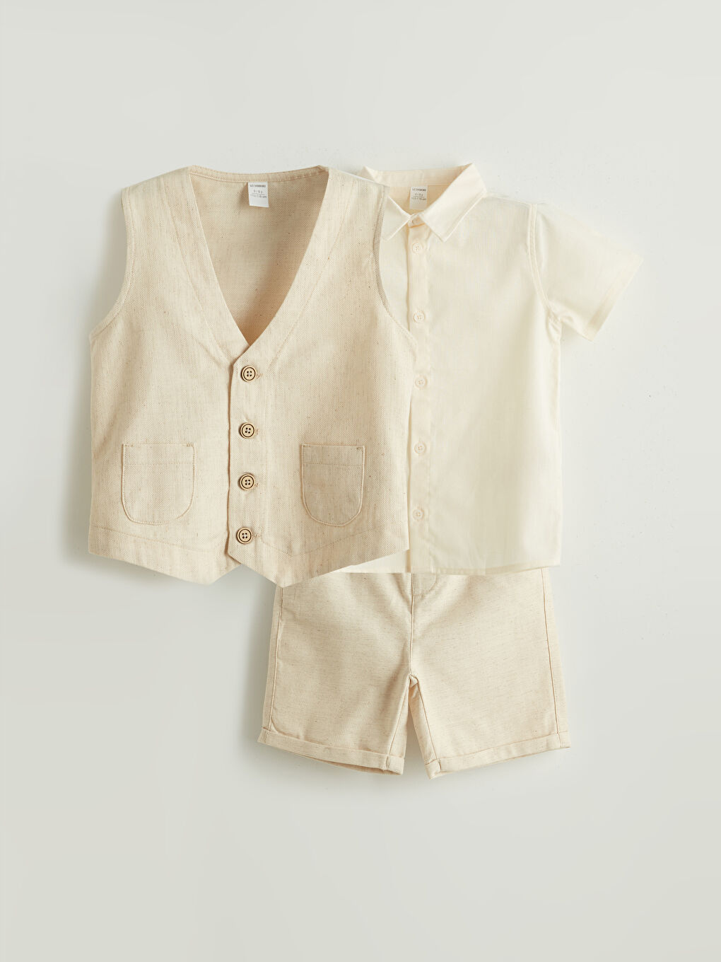 Ekru Erkek Çocuk Gömlek Şort ve Yelek 3'lü