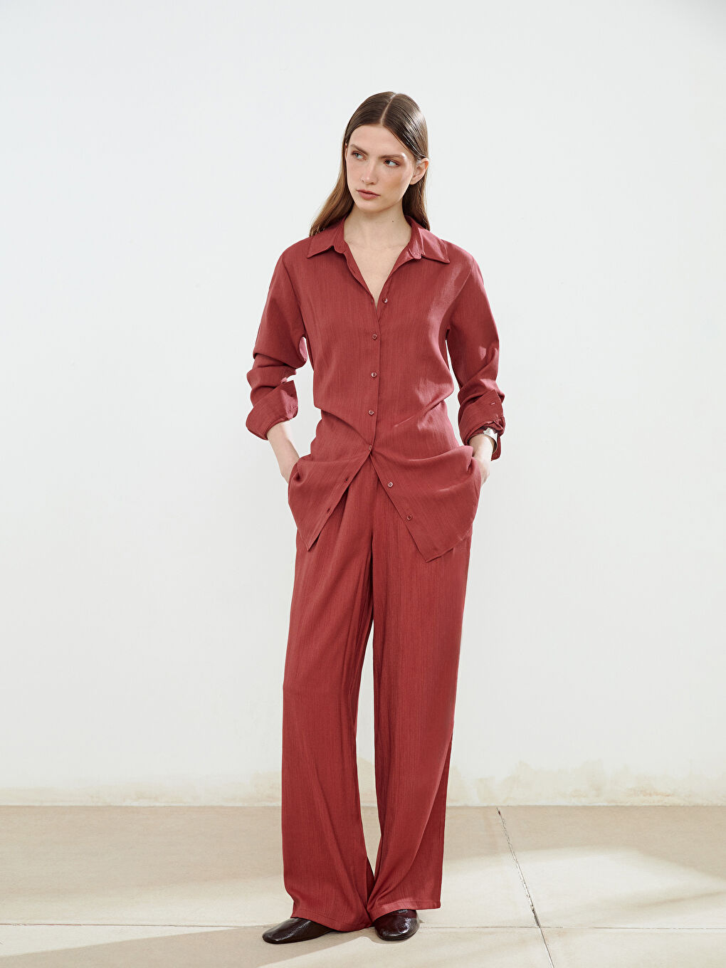 Kırmızı Keten Karışımlı Kadın Gömlek Tunik-1